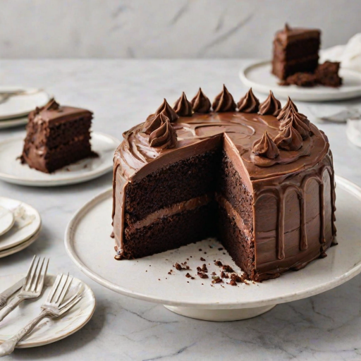 Create an image of a rich chocolate cake with smooth chocolate frosting. The cake should be round and appear moist, with a slice removed to show its fluffy interior. Place the cake on a marble cake stand, with a soft, neutral background. Include decorative plates and a small fork beside the cake for an inviting presentation.