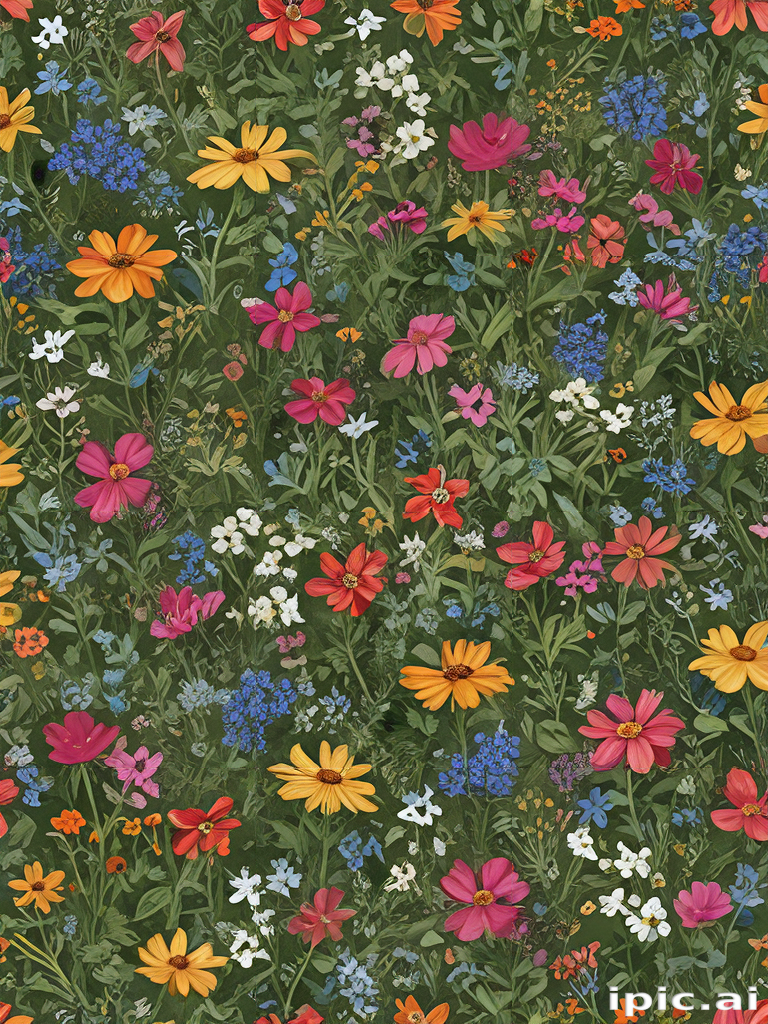 Vibrant Floral Pattern Featuring a Diverse Array of Colorful Wildflowers