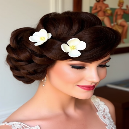Rich mahogany locks styled in a vintage victory roll updo, accented with a single white gardenia bloom, exuding timeless elegance and feminine charm.