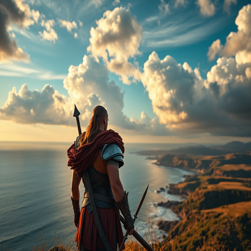 Create a hyper-realistic image of a warrior overlooking a vibrant seascape with dramatic clouds and rolling hills in the background, captured with a DSLR camera at ISO 100, aperture f/8, and a focal length of 35mm for sharp depth of field.