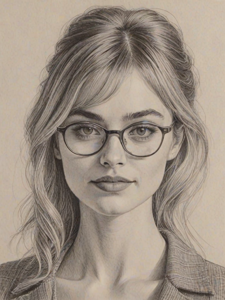 Stunning Imogen Poots, pencil sketch, portrait of Alluring woman 1973s in glasses, hair style beatnik, outline, clear lines, fine lines, 8k