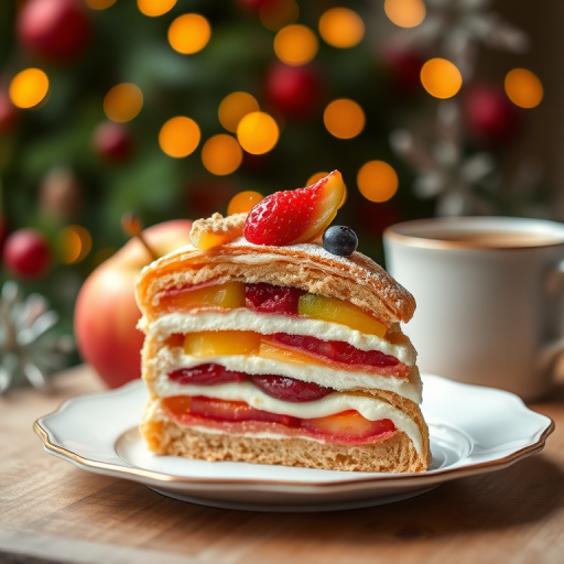 A beautifully arranged slice of layered pastry dessert with colorful fruit filling and cream, placed on a delicate plate, with fresh apples and a steaming cup of coffee beside it, set against a softly blurred festive background with warm lights, captured with a DSLR camera, 50mm lens, f/1.8, ISO 100, 1/200 sec, natural light for enhanced details and rich colors.