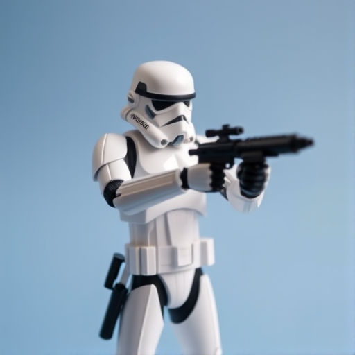 A Stormtrooper action figure pointing a blaster, taken with a DSLR camera at 50mm focal length, aperture f/1.8, ISO 100, natural lighting, shallow depth of field, isolated on a solid color background.