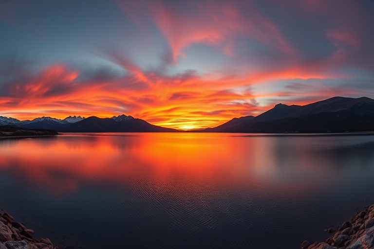 Capture a vibrant sunset over a tranquil lake surrounded by mountains, with a focus on the reflection of the sky in the water, shot with a Canon EOS R5, 24-70mm lens, aperture f/8, shutter speed 1/100 sec, ISO 200, panoramic view, in a high dynamic range style.