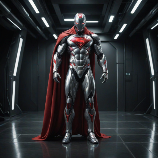 An ultrarealistic photograph of an enormous minimalist futuristic full-body power suit, without lights, made of white metal and polymer, full crystal hull, for a muscular man, imposing, modern minimalism, elegant, dystopia, mysterious, godlike, scary, in a dark room, with a red cape, 8k