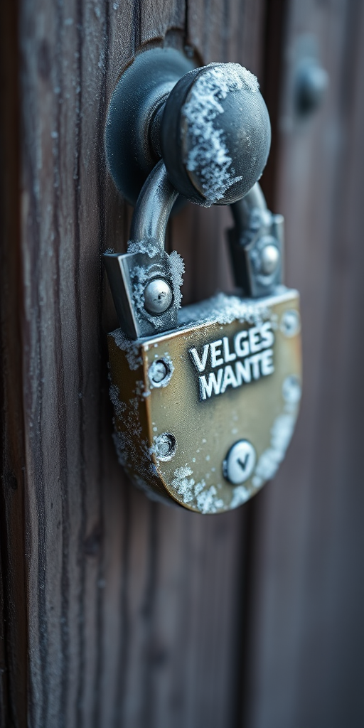 Close-up of a frozen padlock on a wooden door with frosty details, shallow depth of field, 50mm lens, aperture f/1.8, ISO 100, shutter speed 1/200, soft natural light, taken with a DSLR camera.