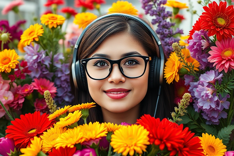 Create a vibrant portrait of a woman with glasses and headphones surrounded by a lush arrangement of colorful flowers, using a high-resolution DSLR camera with a 50mm lens, aperture f/1.8, ISO 100, natural lighting, and a shallow depth of field for a blurred background effect.