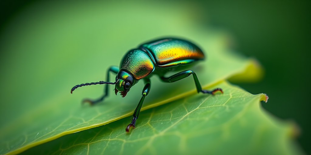 macro shot of a metallic green beetle on a green leaf with a shallow depth of field, aperture f/2.8, ISO 100, 1/200s shutter speed, taken with a DSLR camera, 100mm macro lens, natural lighting