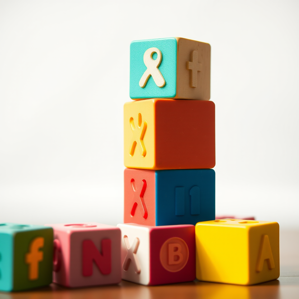 Create an image of colorful baby blocks stacked in a playful arrangement, 50mm lens, f/2.8 aperture, ISO 100, captured from a high angle, using a digital camera with a soft focus background to enhance the blocks' vibrant colors.