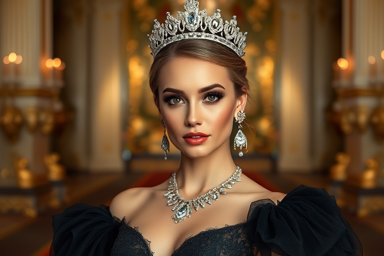 A gorgeous Caucasian woman in a luxurious black gown, accessorized with a dazzling tiara and statement earrings, her deep brown eyes highlighted by impeccable makeup, poised in a royal setting, photorealistic, 8K quality
