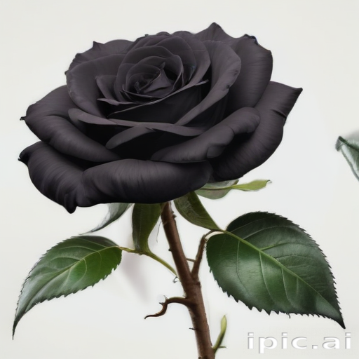 Stunning Black Rose with Lush Green Leaves Against a Light Background