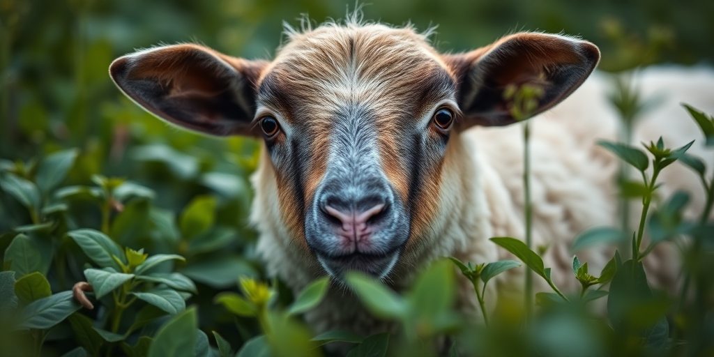 Close-up of a sheep among green foliage, captured with a Canon EOS 5D Mark IV, 50mm lens, f/2.8 aperture, ISO 200, natural lighting, shallow depth of field for a soft background blur.