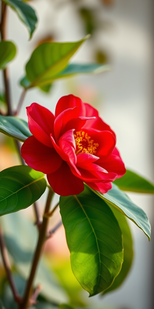 Create a vibrant digital illustration of a blooming red camellia flower with lush green leaves, set against a softly blurred light background, captured with a Canon EOS R5, 50mm f/1.2 lens, in macro mode for intricate detail, using a high dynamic range to enhance color contrast and clarity.