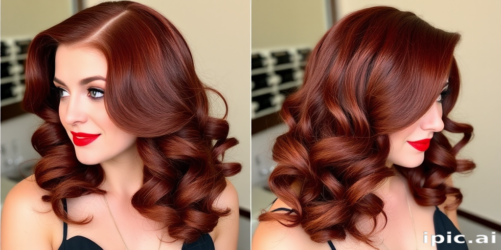 Mahogany red long layers styled in vintage pin-up curls, dubbed "Retro Glamour" look, incorporating a deep side part and glossy finger waves