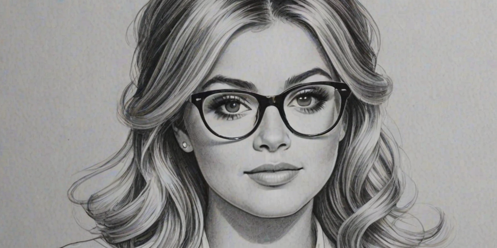 Exquisite Lauren Alaina, pencil sketch, portrait of Splendid woman 1960s in glasses, hair style beatnik, outline, clear lines, fine lines, 8k