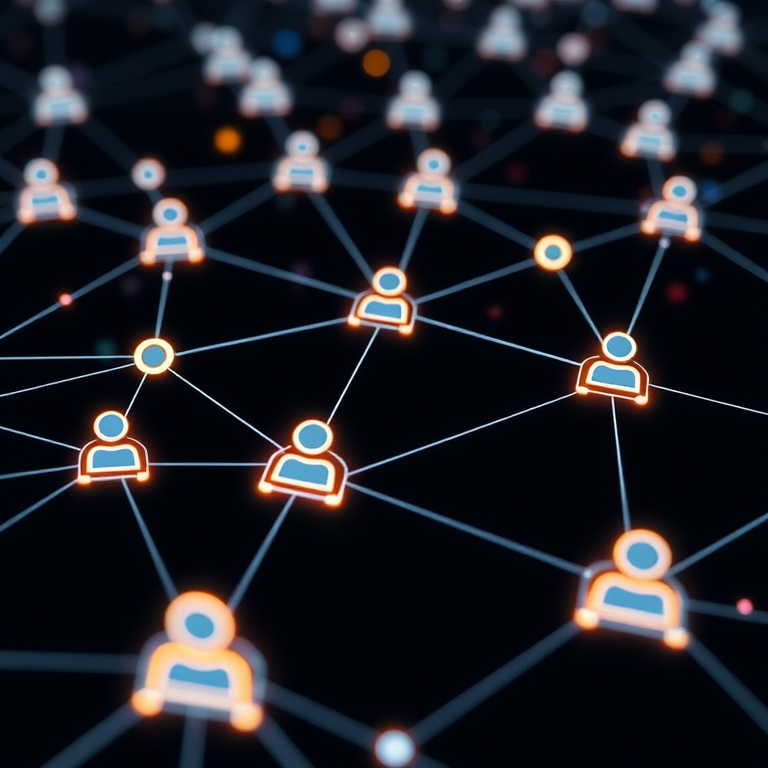 Create a digital illustration of a network of interconnected users represented by icons on a dark background with glowing connections, using a Canon EOS 5D Mark IV, 24mm lens, f/2.8 aperture, ISO 100, 1/60 sec shutter speed, and a wide-angle view to enhance depth and detail.