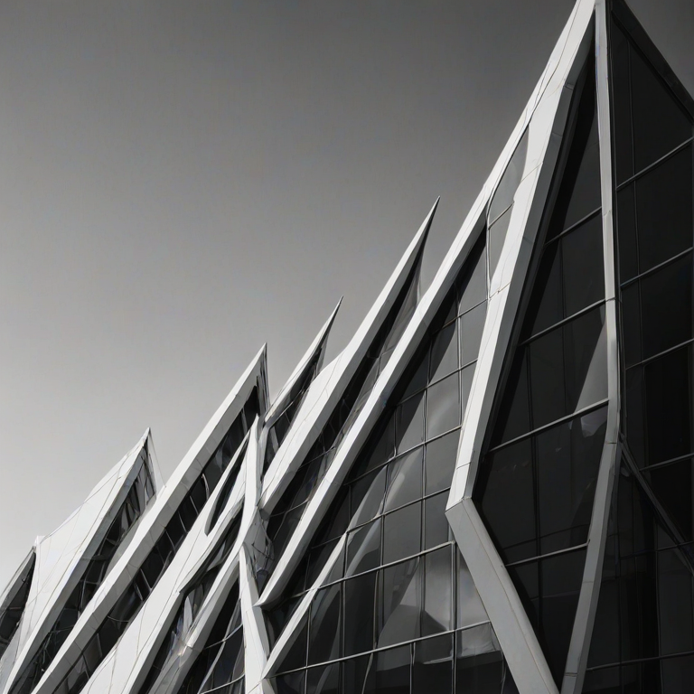 create a high-contrast black and white image of modern architectural structures with angular shapes, large glass windows, and sharp shadows in a geometric composition