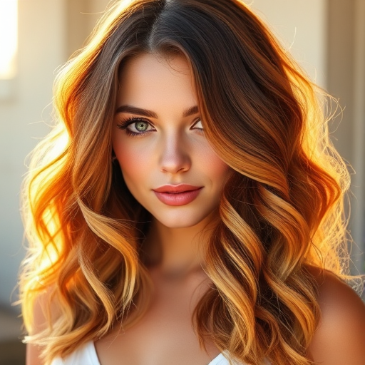 Radiant sunlight illuminates a woman with Sunset Ombre tresses, cascading waves transitioning from deep auburn roots to brilliant golden tips, styled in loose beachy curls framing her face