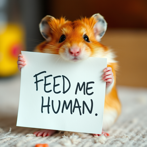 hamster holding a note which says "FEED ME HUMAN"