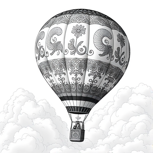 Create a high-resolution black and white illustration of a hot air balloon with intricate patterns and decorative elements, set against fluffy clouds, captured with a Canon EOS 5D Mark IV, 50mm lens, f/2.8 aperture, with soft diffused lighting for enhanced detail and contrast.