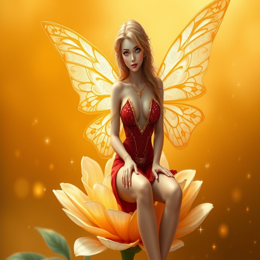 A digital artwork features a winged fairy with delicate Ivory butterfly wings, adorned with intricate Ochre and Spring patterns. She is seated on a vibrant Cream flower, wearing a revealing red two-piece outfit with sparkling beadwork. Her fair skin, long blonde hair, and gold jewelry add to her ethereal appearance. The background is a warm, golden gradient, creating a magical atmosphere. Small glowing orbs and sparkles surround the flower, enhancing the enchanting, highly detailed, and realistic scene.