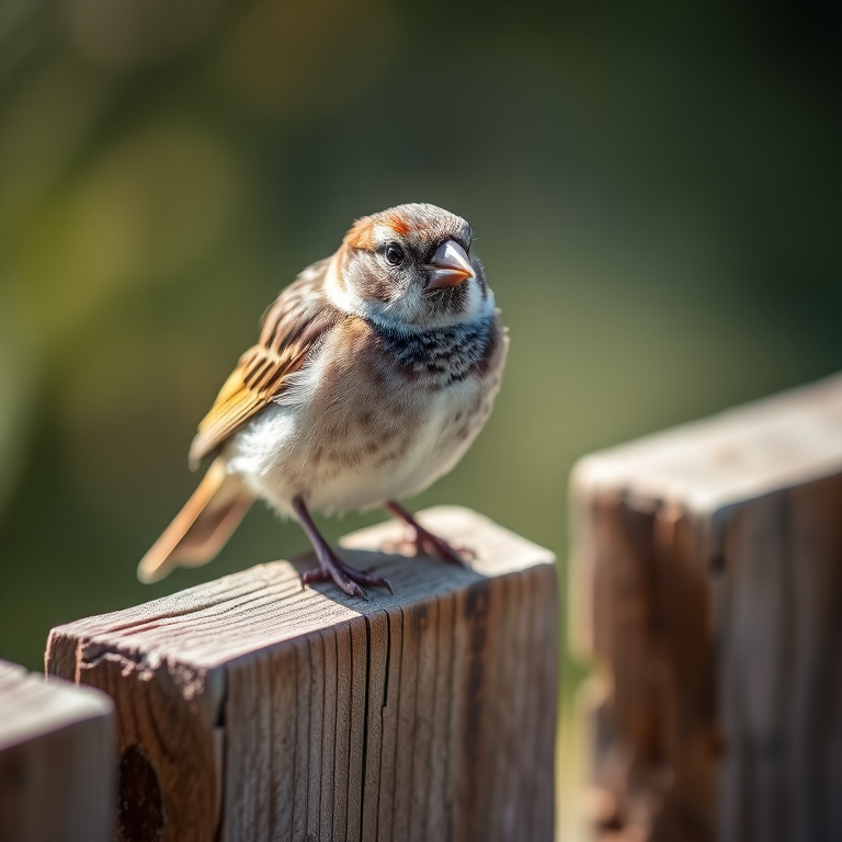 Capture a close-up of a sparrow perched on a wooden fence with a shallow depth of field, using a DSLR camera at f/2.8, ISO 200, 1/500s shutter speed, in natural sunlight with a slight bokeh effect in the background.