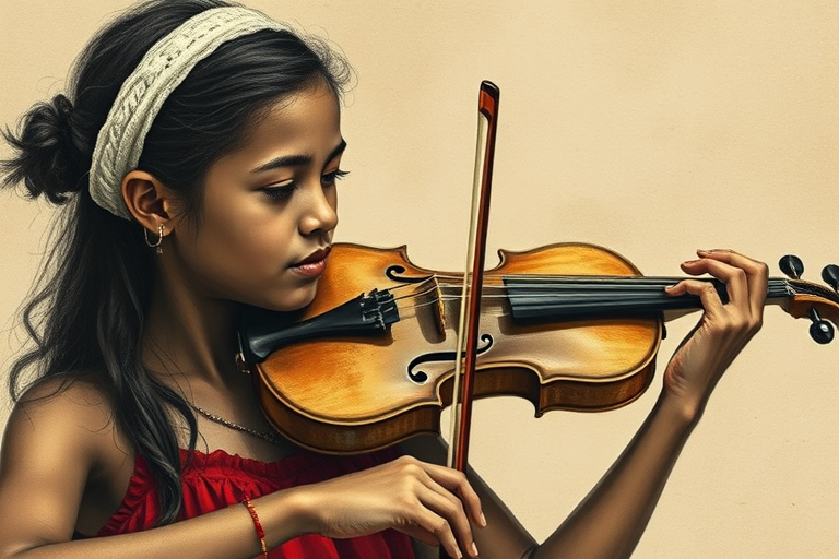 a young Torres Strait Islander woman with a white headband playing a violin, in the style of a charcoal drawing, sepia grunge background