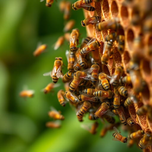 Close-up of bees swarming around a beehive, shallow depth of field, f/2.8 aperture, 1/500 sec shutter speed, ISO 400, natural light, macro lens, DSLR camera, focused on bees in motion against a blurred green background.