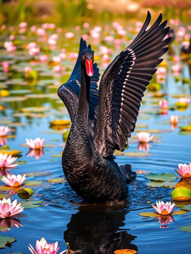 Black swan taking off from a serene pond surrounded by pink water lilies, shot with a DSLR camera set to f/2.8, ISO 100, 1/1000s, using a shallow depth of field to focus on the swan, colorful and high-contrast, low-angle view to emphasize wings and reflection.