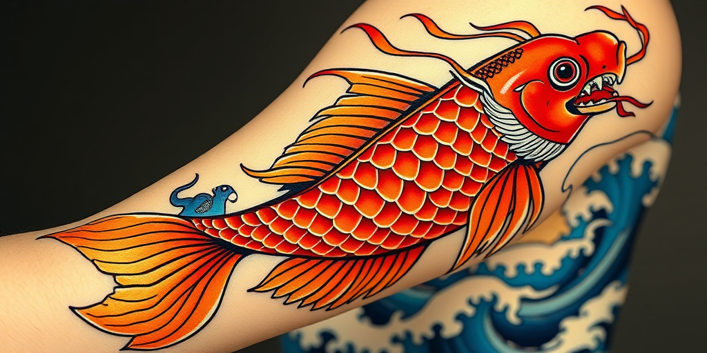 Japanese-style koi fish swimming up arm, transforming into dragon at shoulder, vibrant oranges and reds with blue wave accents