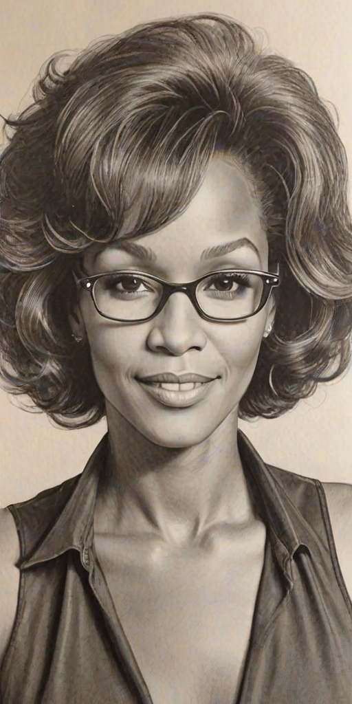 Charming Whitney Houston, pencil sketch, portrait of Bewitching woman 1978s in glasses, hair style beatnik, outline, clear lines, fine lines, 8k