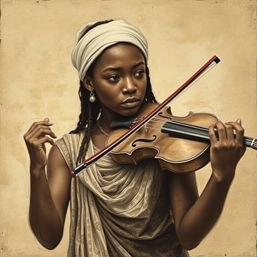 a young Nubian woman with a white headband playing a violin, in the style of a charcoal drawing, sepia grunge background