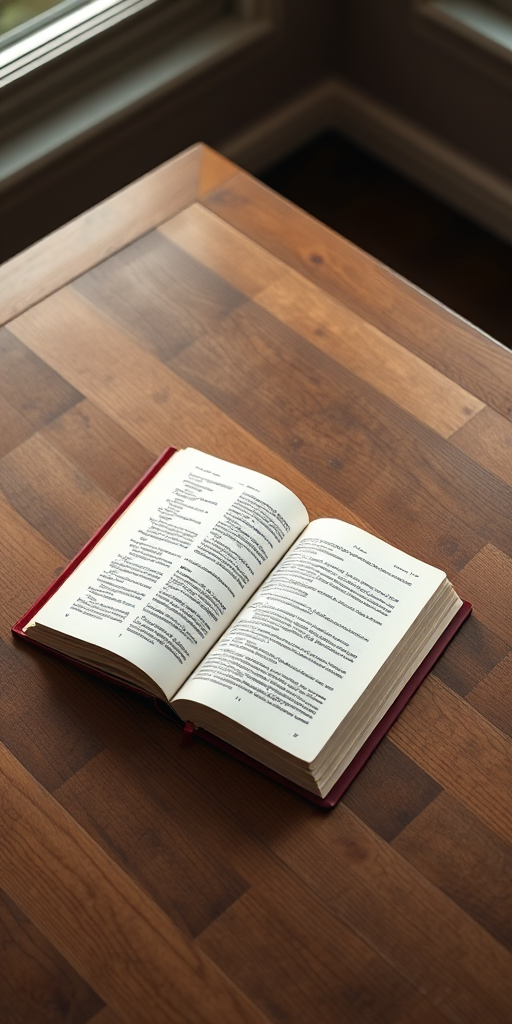 Create a high-resolution image of an open book on a wooden table, captured with a 50mm lens at f/2.8, ISO 100, and a soft natural light source from a window, using a DSLR camera in a top-down perspective.