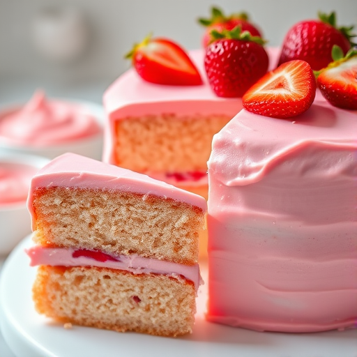 A beautifully frosted pink cake with a smooth pink icing topped with fresh strawberries, a slice of the cake showing its soft texture and layers, a small bowl of pink frosting in the background, bright and inviting setting.