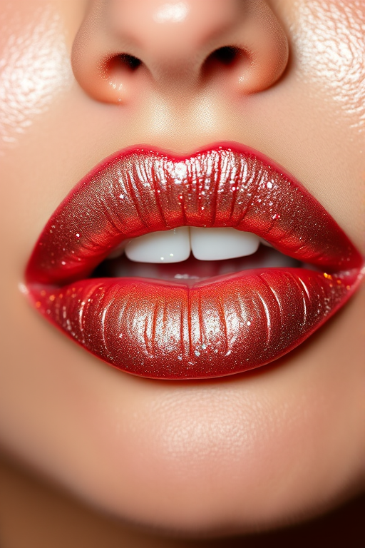 Metallic rose gold "Champagne Kiss" lip gloss with holographic sparkles, providing a multi-dimensional shine and hydrating properties for a glamorous night out