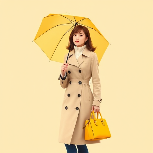 Create an illustration of a woman in a stylish beige trench coat holding a yellow umbrella, with a matching yellow handbag, standing against a soft pastel background, captured with a 50mm lens, f/1.8 aperture, ISO 100, in natural daylight with a slight overcast for soft lighting and clarity.
