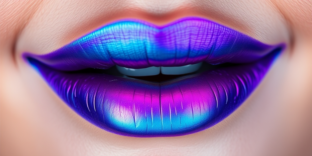Duochrome lips shifting between teal and purple, creating a mesmerizing color-changing effect as the viewing angle changes, ideal for a mermaid-themed makeup look