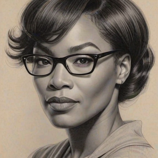 Magnificent Angela Bassett, pencil sketch, portrait of Wonderful woman 1931s in glasses, hair style beatnik, outline, clear lines, fine lines, 8k