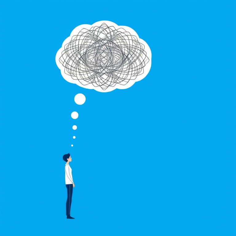 Create a minimalistic illustration of a person standing next to a large head, with a thought bubble connecting to the head filled with chaotic lines, use a flat design style, captured with a digital camera at f/8 aperture, ISO 100, 50mm lens, natural lighting, focus on clean lines and vibrant colors against a solid blue background.