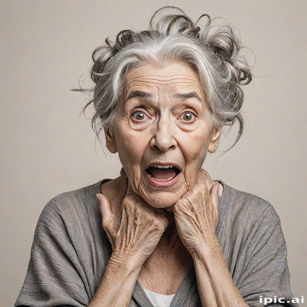 scribbly unfinished sketch, old lady with messy gray hair in a loose bun, surprised expression, mouth open, hands clasped together in front of her chest. Her eyes are wide, eyebrows are furrowed. vibe of shock or surprise.