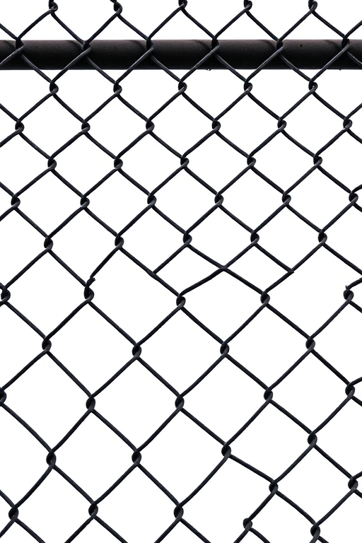 Generate a high-resolution image of a chain-link fence with a white background, shot from a straight-on perspective using a DSLR camera, aperture set to f/8 for depth of field, ISO 100 for minimum noise, and a shutter speed of 1/125 seconds to capture fine details.