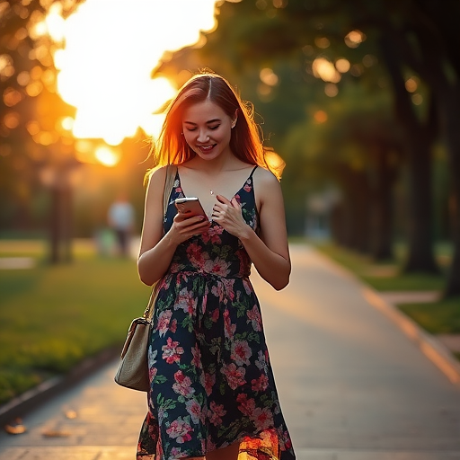 Regenerate a candid shot of a woman in a floral dress walking while texting on her phone in a park during golden hour, camera settings: aperture f/1.8, shutter speed 1/200s, ISO 200, camera view: portrait, camera style: shallow depth of field, camera type: DSLR.