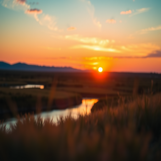 Create a high-resolution image of a serene landscape at sunset with vibrant colors, focus on the foreground with a shallow depth of field, using a DSLR camera set to ISO 100, f/2.8 aperture, 1/200s shutter speed, and a 50mm lens, taken from a low angle to capture the glow of the setting sun reflecting off the water.