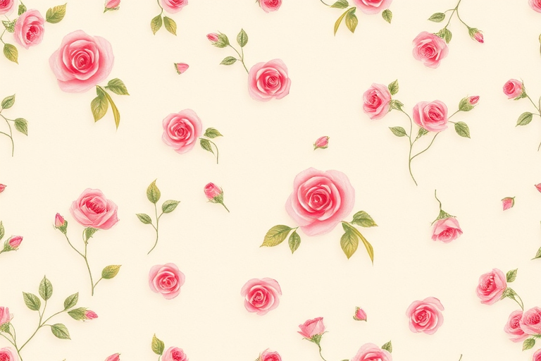 Create a seamless floral pattern with small pink roses and buds scattered on a light beige textured background. The design should have a delicate and vintage feel with a balanced arrangement of flowers and leaves.