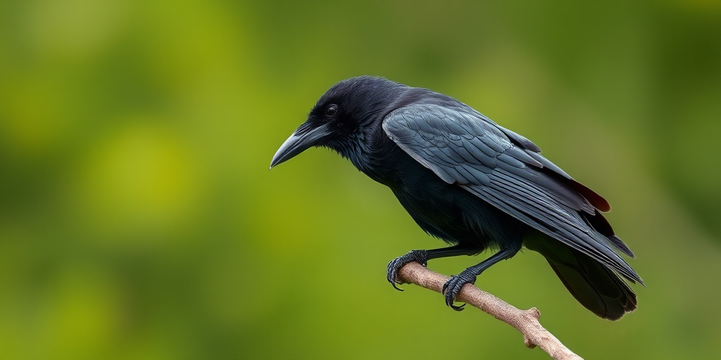 A close-up of a raven perched on a branch with a blurred green background, shot with a Canon EOS 5D Mark IV at f/2.8, ISO 100, 1/200 sec, using a 100mm macro lens for sharp detail.