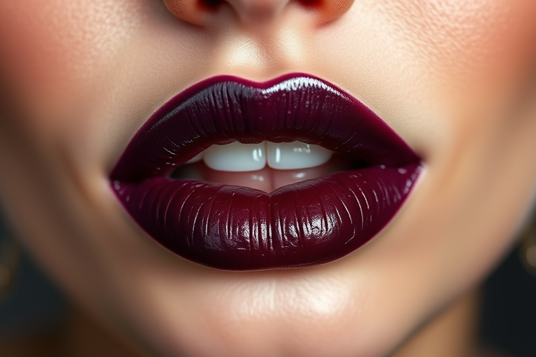 Glossy deep plum lips with a metallic sheen, "Midnight Mystique" boasts a perfectly defined cupid's bow and rich, moisturized texture that catches the light beautifully