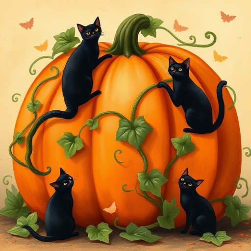 Create a whimsical illustration of a large orange pumpkin with green vines, featuring playful black cats climbing on it and around it, in a vintage style, shot with a DSLR camera, 50mm lens, f/2.8 aperture, soft focus background, warm lighting.