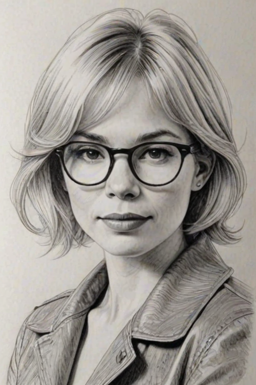 Graceful Michelle Williams, pencil sketch, portrait of Charming woman 1970s in glasses, hair style beatnik, outline, clear lines, fine lines, 8k
