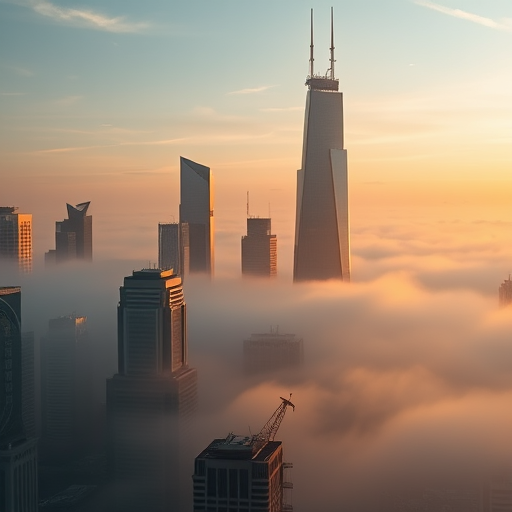 futuristic cityscape at dawn with mist and towering skyscrapers, shot with a DSLR camera, 24mm lens, f/8 aperture, ISO 100, golden hour lighting, HDR style, high dynamic range capture