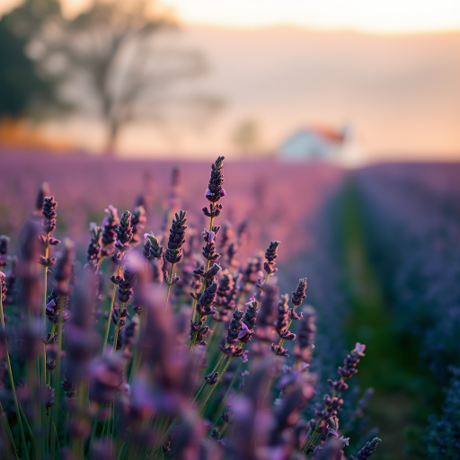 Soft-focus image of a field of lavender swaying gently in the breeze at sunset, soft golden light illuminating the purple flowers and a distant farmhouse barely visible through the mist.